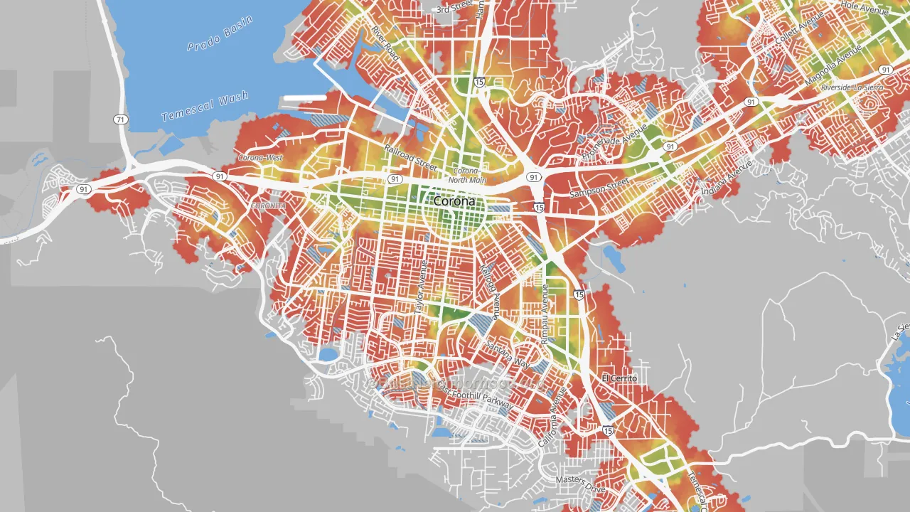 Walk Grade map of Corona, CA, walkable areas in green and car-dependent areas in red