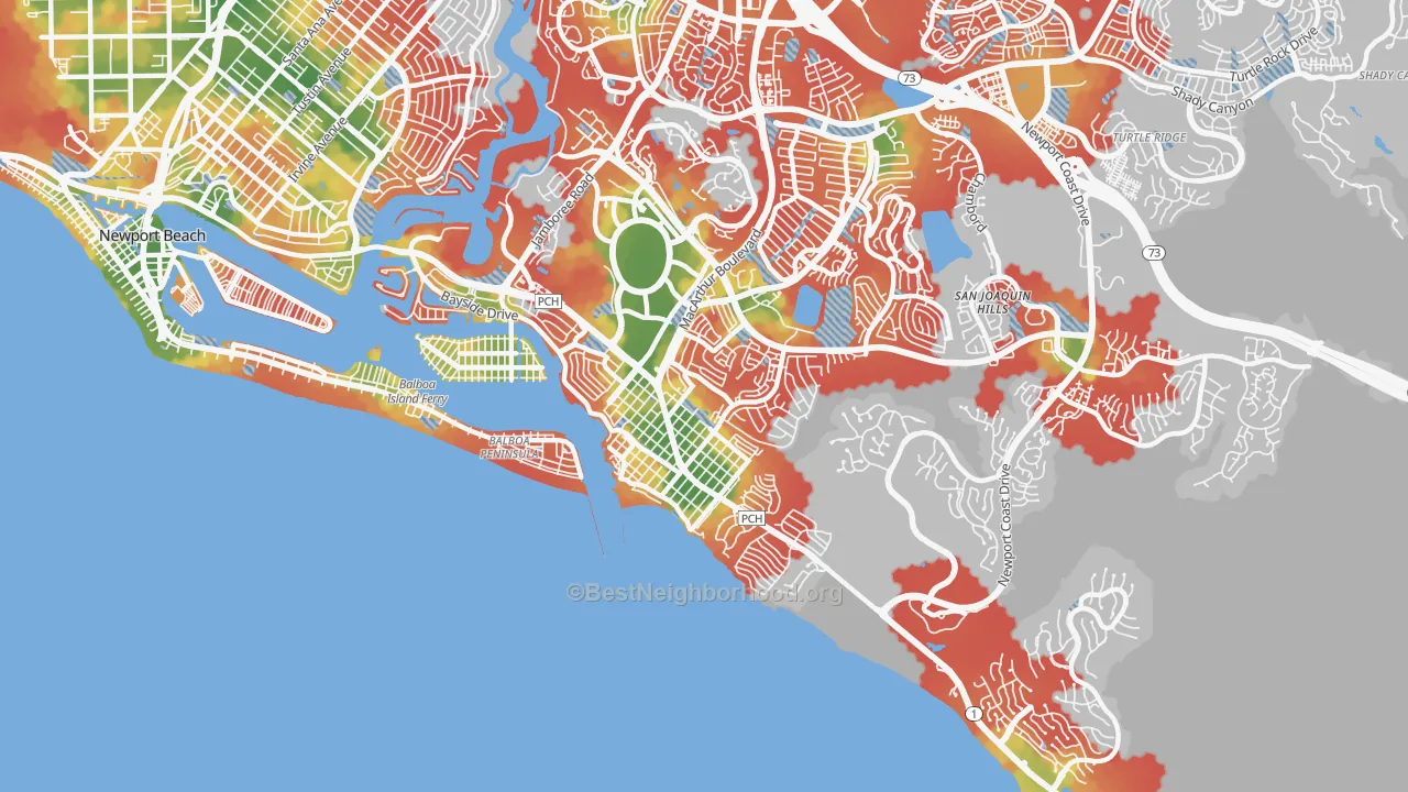 Walk Grade map of Corona Del Mar, CA, walkable areas in green and car-dependent areas in red