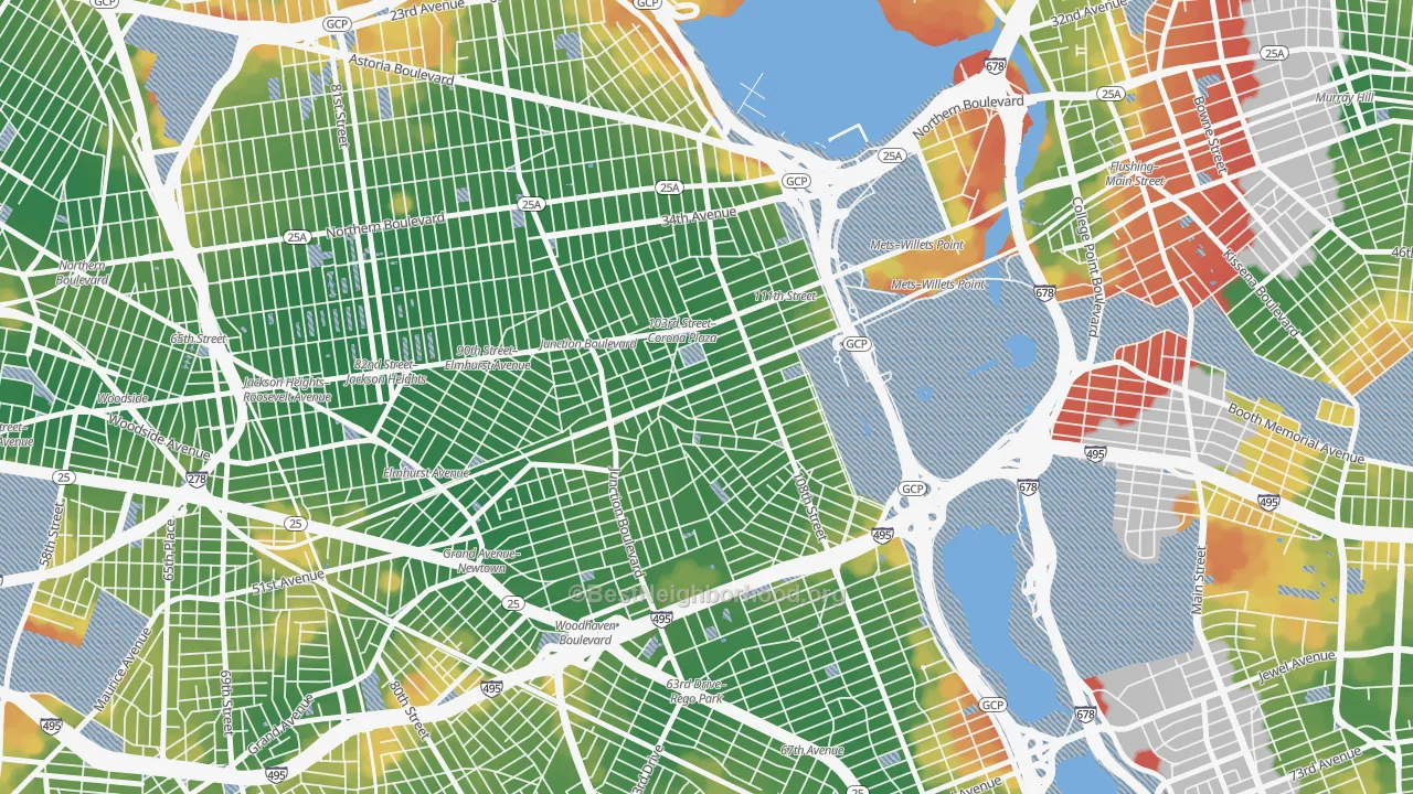 Walk Grade map of Corona, Queens, NY, walkable areas in green and car-dependent areas in red