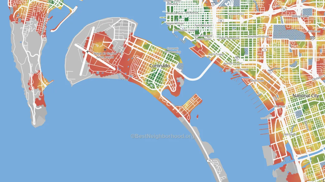 Walk Grade map of Coronado, CA, walkable areas in green and car-dependent areas in red