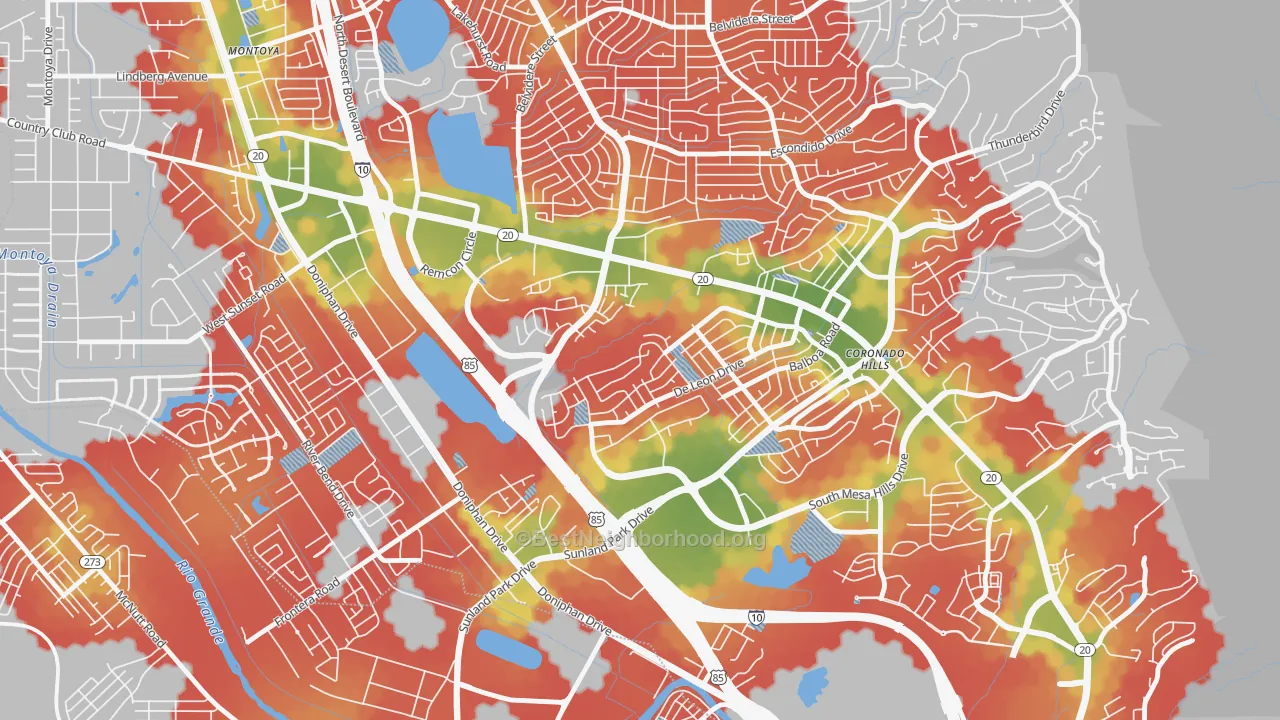Walk Grade map of Coronado, El Paso, TX, walkable areas in green and car-dependent areas in red