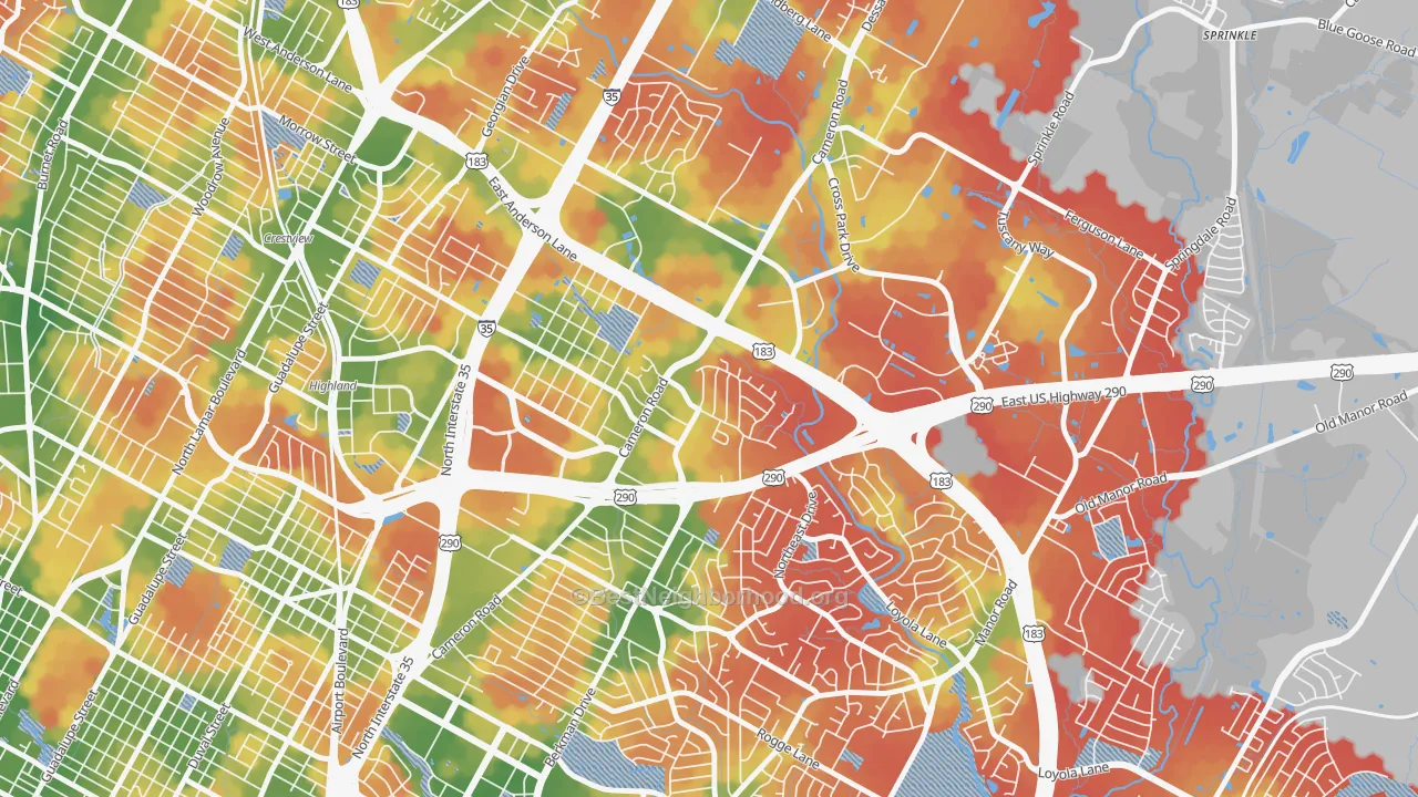 Walk Grade map of Coronado Hills, Austin, TX, walkable areas in green and car-dependent areas in red