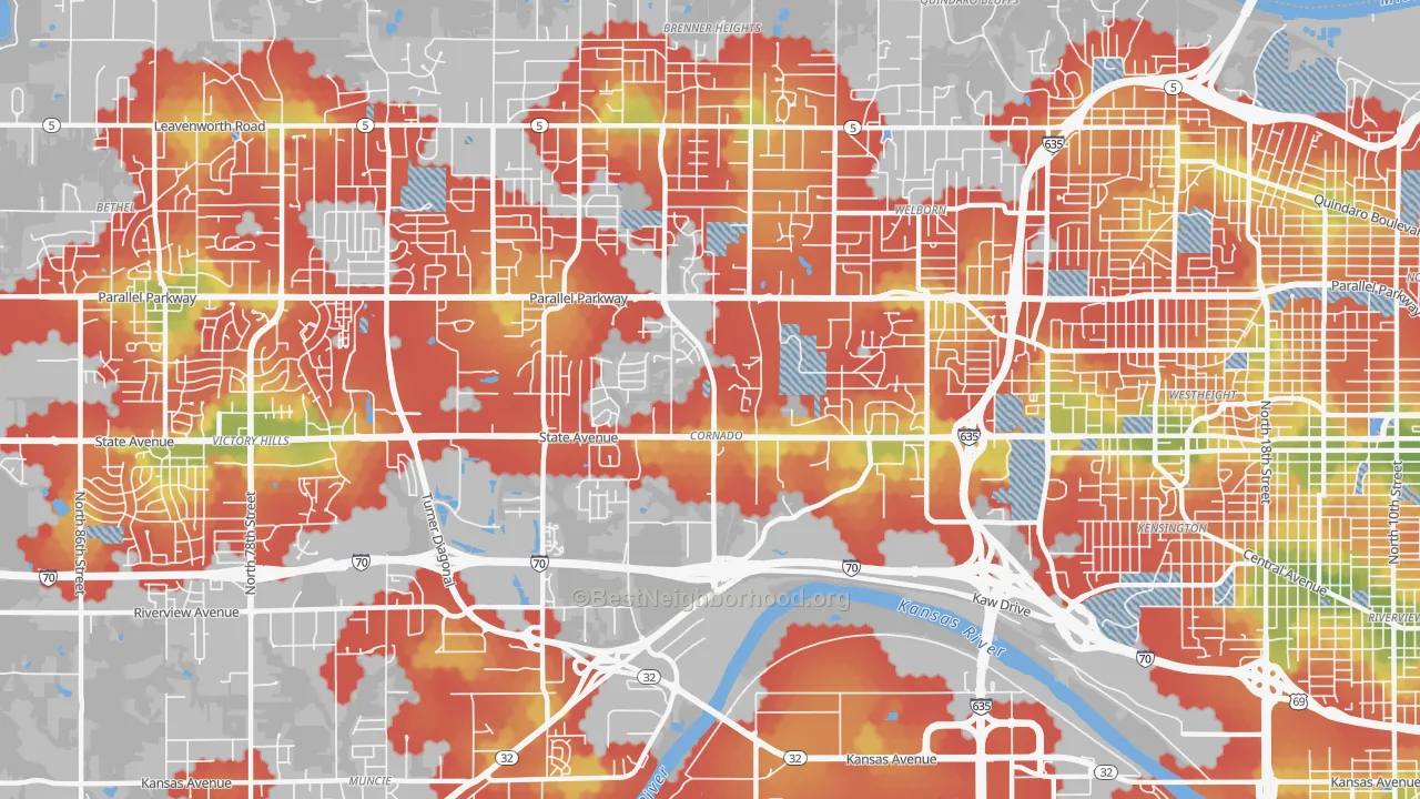 Walk Grade map of Coronado, Kansas City, KS, walkable areas in green and car-dependent areas in red