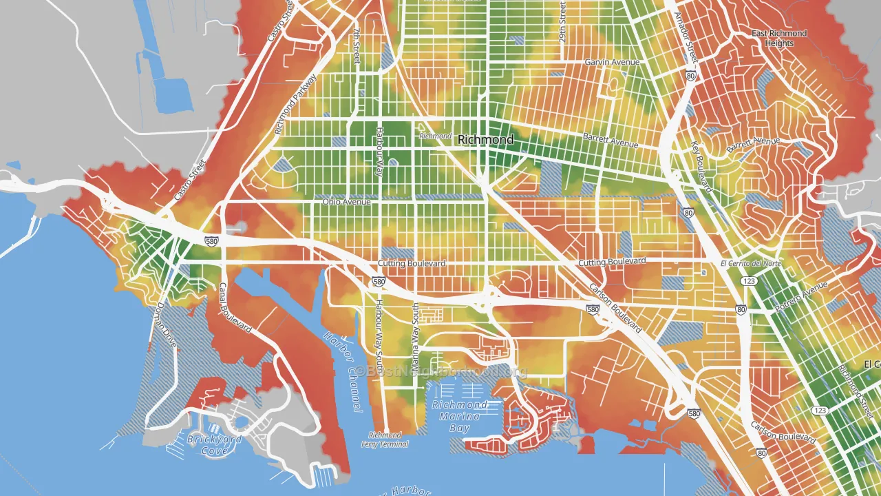 Walk Grade map of Coronado, Richmond, CA, walkable areas in green and car-dependent areas in red