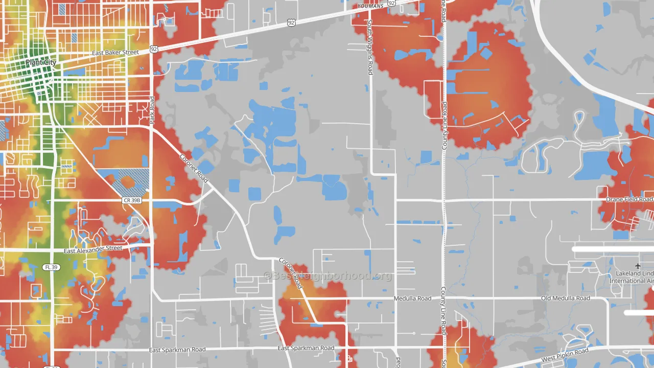 Walk Grade map of Coronet, FL, walkable areas in green and car-dependent areas in red