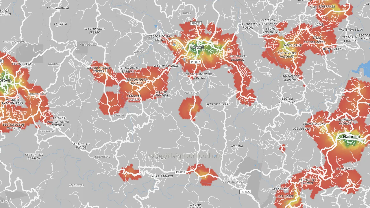 Walk Grade map of Corozal Municipio, PR, walkable areas in green and car-dependent areas in red