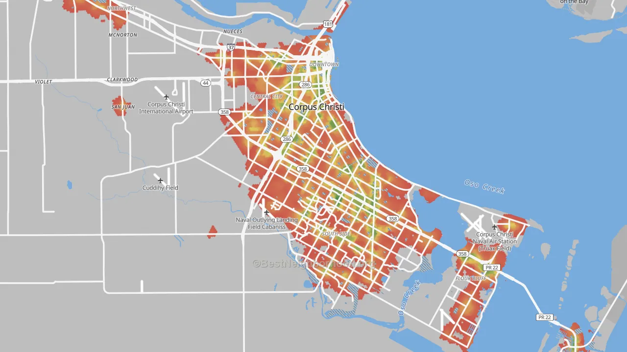 Walk Grade map of Corpus Christi, TX, walkable areas in green and car-dependent areas in red