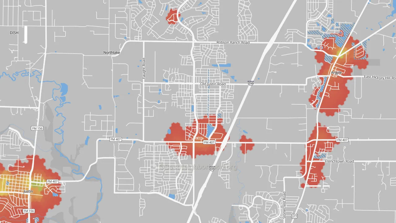 Walk Grade map of Corral City, TX, walkable areas in green and car-dependent areas in red