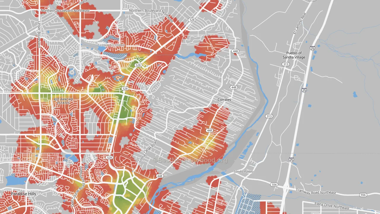 Walk Grade map of Corrales, NM, walkable areas in green and car-dependent areas in red