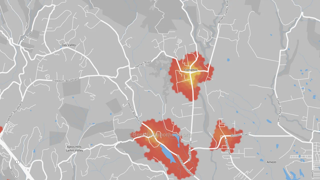 Walk Grade map of Corralitos, CA, walkable areas in green and car-dependent areas in red