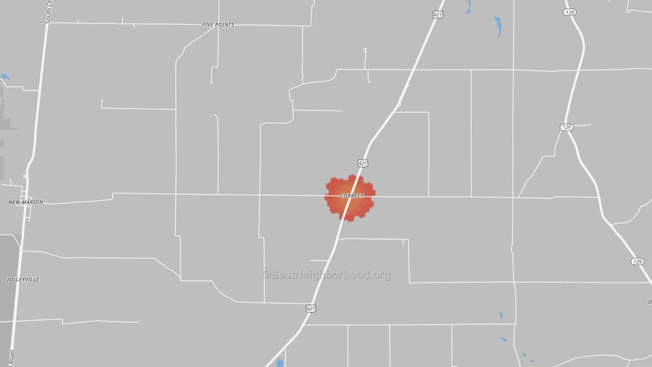 Walk Grade map of Correct, IN, walkable areas in green and car-dependent areas in red