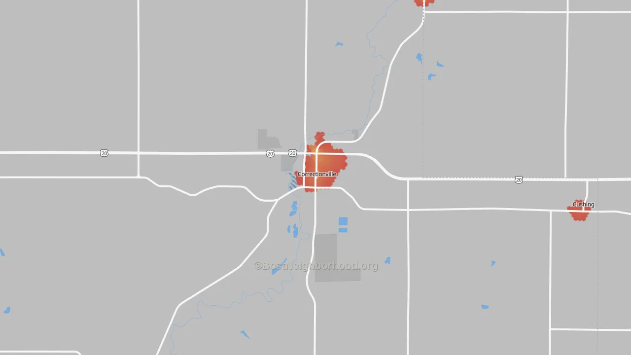 Walk Grade map of Correctionville, IA, walkable areas in green and car-dependent areas in red