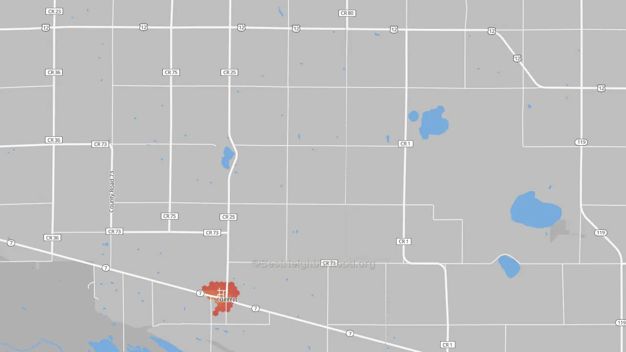 Walk Grade map of Correll, MN, walkable areas in green and car-dependent areas in red