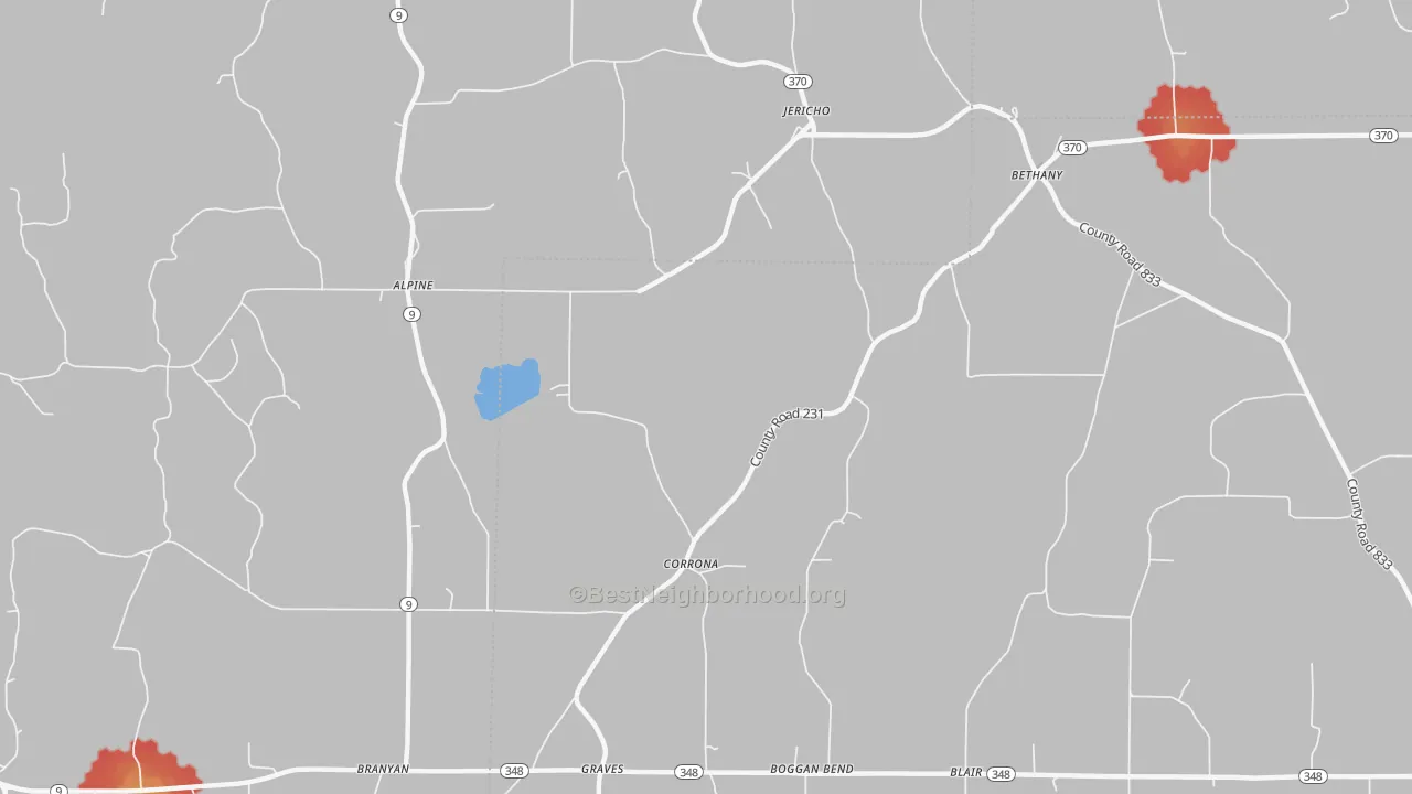 Walk Grade map of Corrona, MS, walkable areas in green and car-dependent areas in red