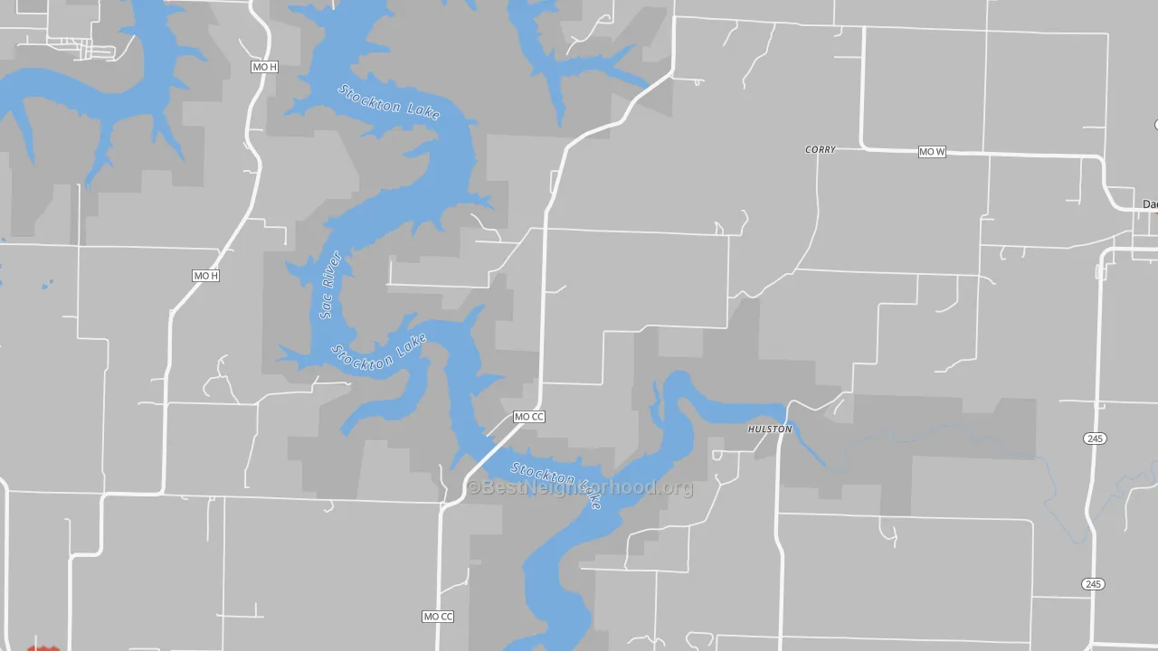 Walk Grade map of Corry, MO, walkable areas in green and car-dependent areas in red