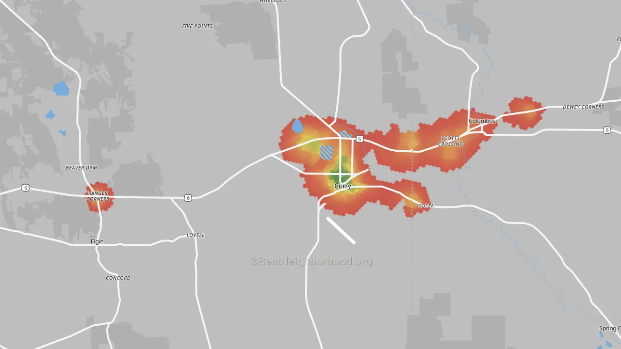 Walk Grade map of Corry, PA, walkable areas in green and car-dependent areas in red
