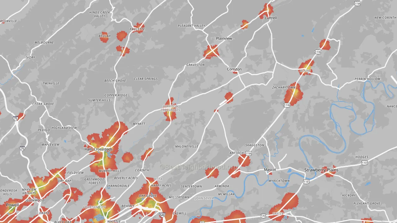 Walk Grade map of Corryton, TN, walkable areas in green and car-dependent areas in red