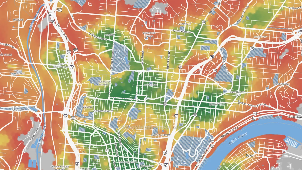Walk Grade map of Corryville, Cincinnati, OH, walkable areas in green and car-dependent areas in red