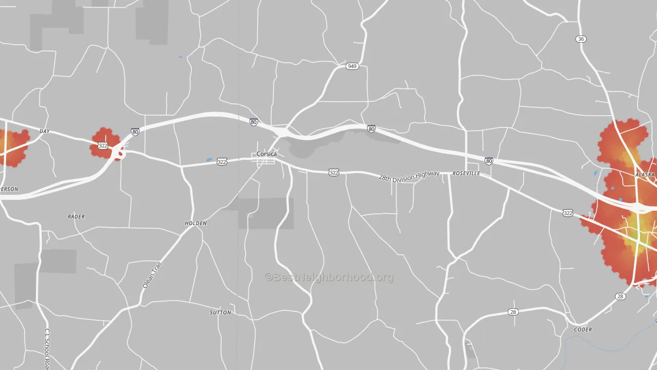 Walk Grade map of Corsica, PA, walkable areas in green and car-dependent areas in red