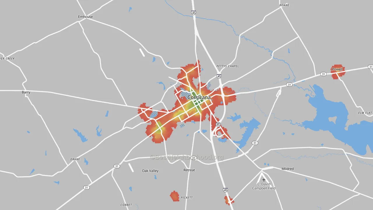 Walk Grade map of Corsicana, TX, walkable areas in green and car-dependent areas in red