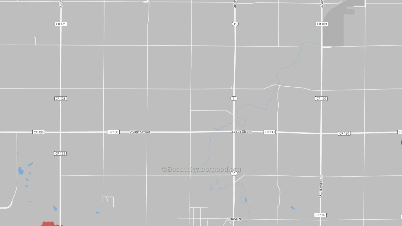 Walk Grade map of Corson, SD, walkable areas in green and car-dependent areas in red