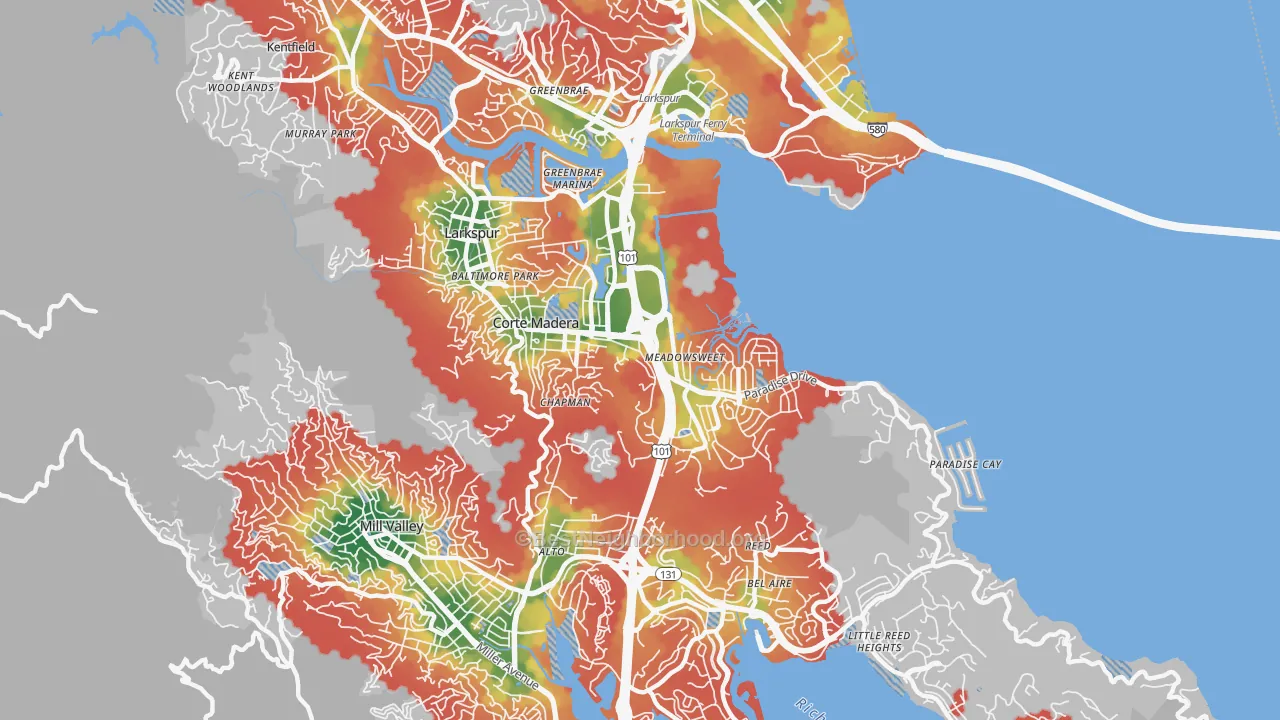 Walk Grade map of Corte Madera, CA, walkable areas in green and car-dependent areas in red