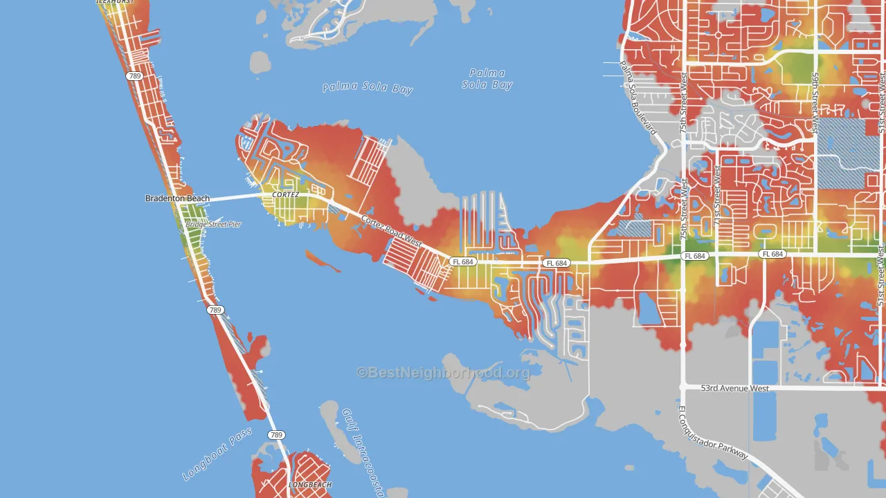 Walk Grade map of Cortez, Bradenton, FL, walkable areas in green and car-dependent areas in red