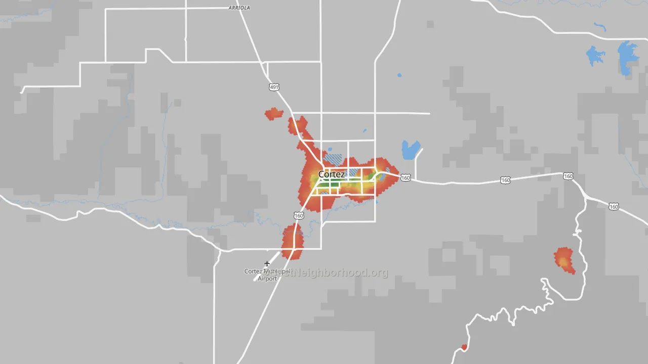 Walk Grade map of Cortez, CO, walkable areas in green and car-dependent areas in red