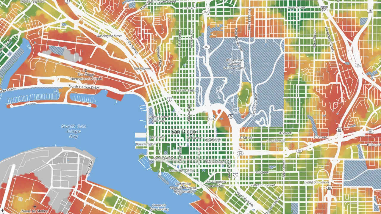 Walk Grade map of Cortez Hill, San Diego, CA, walkable areas in green and car-dependent areas in red