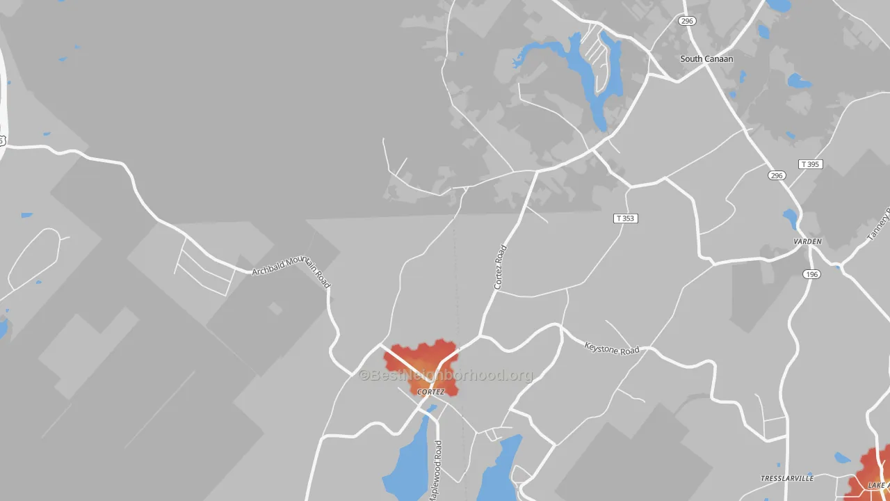 Walk Grade map of Cortez, PA, walkable areas in green and car-dependent areas in red