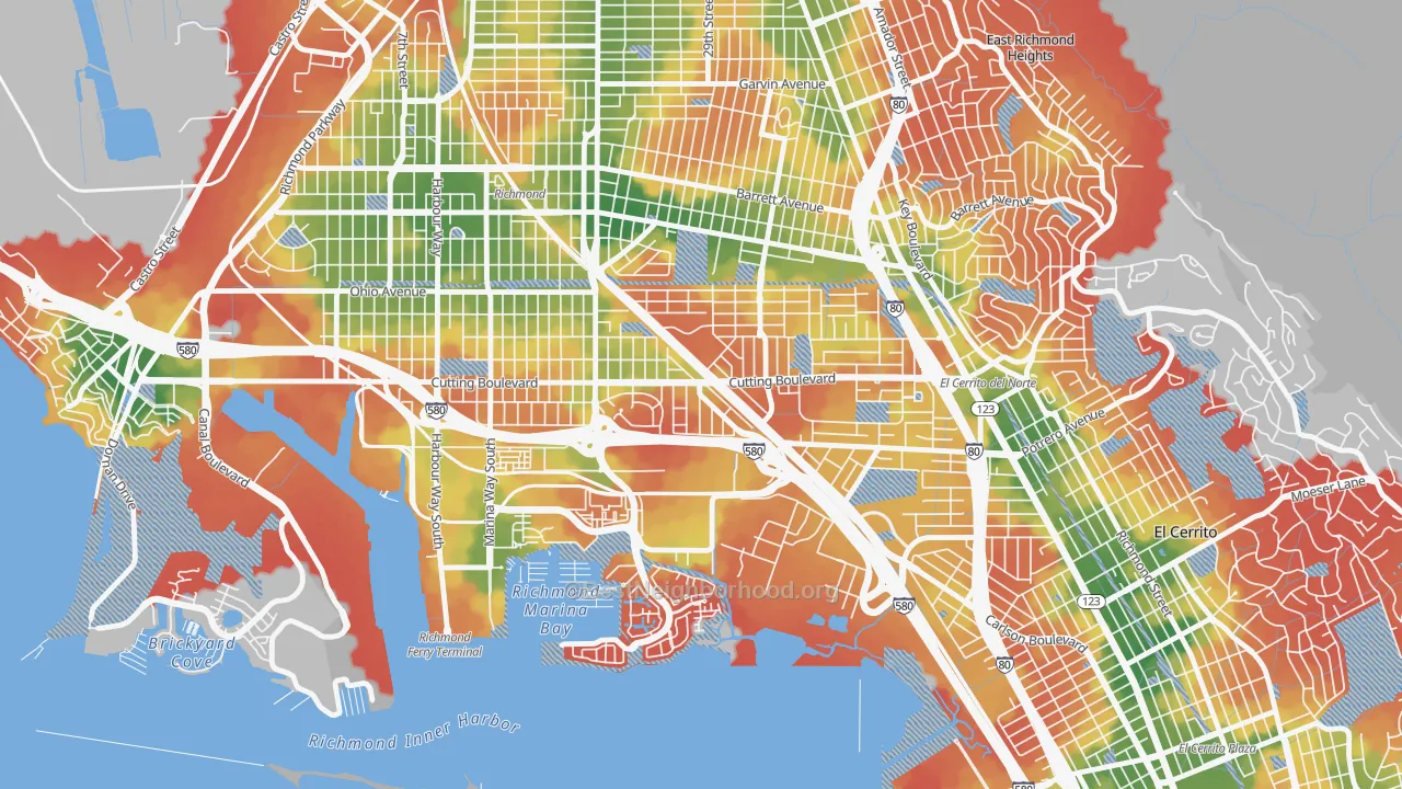Walk Grade map of Cortez-Stege, Richmond, CA, walkable areas in green and car-dependent areas in red