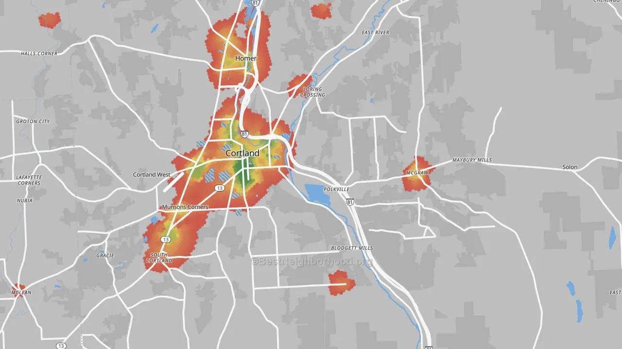 Walk Grade map of Cortland County, NY, walkable areas in green and car-dependent areas in red