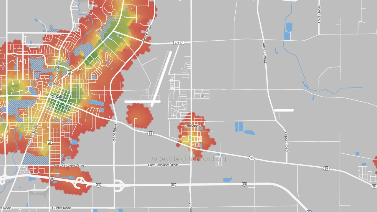Walk Grade map of Cortland, IL, walkable areas in green and car-dependent areas in red