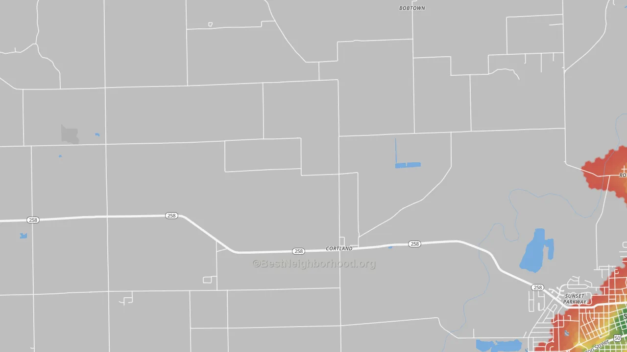 Walk Grade map of Cortland, IN, walkable areas in green and car-dependent areas in red