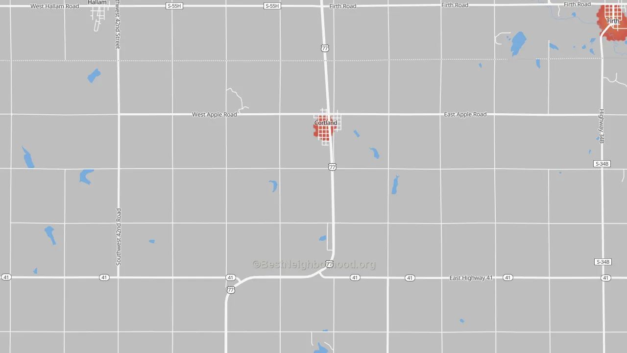 Walk Grade map of Cortland, NE, walkable areas in green and car-dependent areas in red