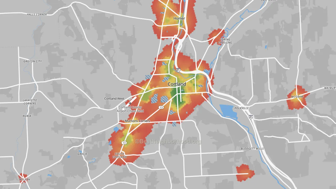 Walk Grade map of Cortland, NY, walkable areas in green and car-dependent areas in red