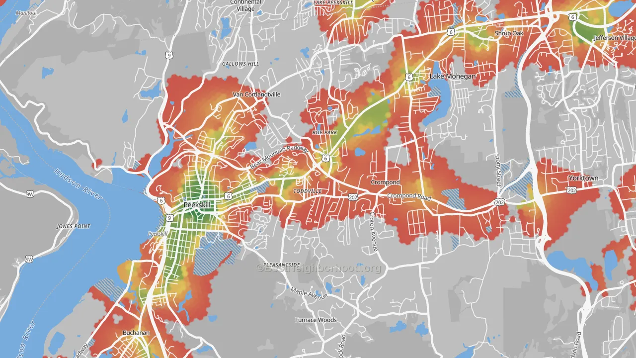 Walk Grade map of Cortlandt Manor, NY, walkable areas in green and car-dependent areas in red