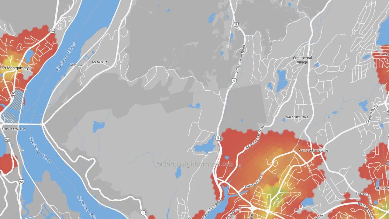 Walk Grade map of Cortlandt, NY, walkable areas in green and car-dependent areas in red