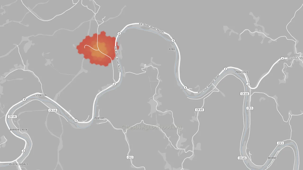Walk Grade map of Corton, WV, walkable areas in green and car-dependent areas in red