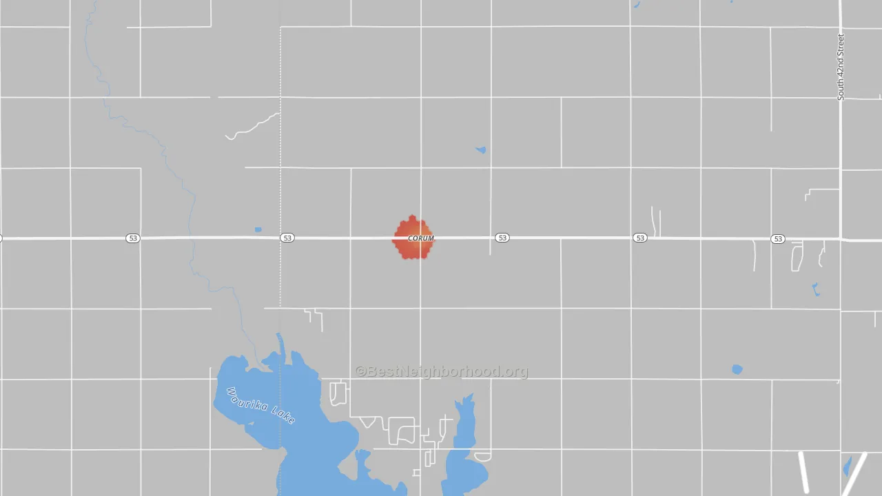 Walk Grade map of Corum, OK, walkable areas in green and car-dependent areas in red