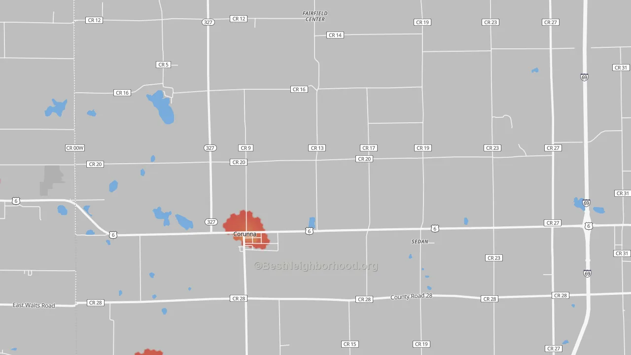 Walk Grade map of Corunna, IN, walkable areas in green and car-dependent areas in red