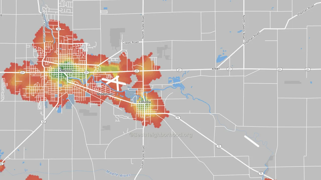 Walk Grade map of Corunna, MI, walkable areas in green and car-dependent areas in red