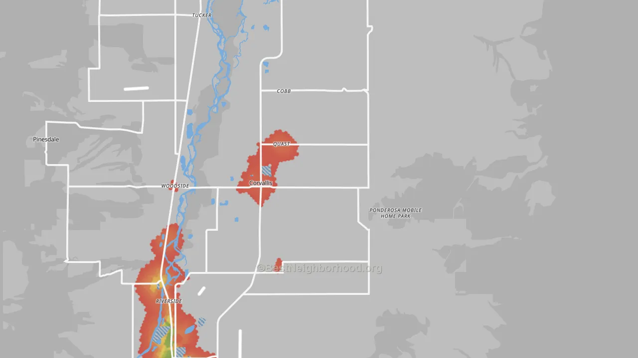 Walk Grade map of Corvallis, MT, walkable areas in green and car-dependent areas in red