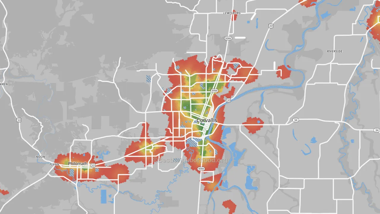 Walk Grade map of Corvallis, OR, walkable areas in green and car-dependent areas in red