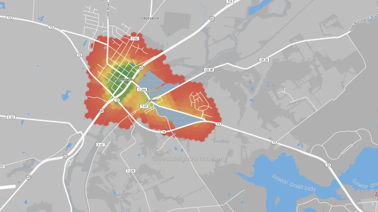 Walk Grade map of Corwin, OH, walkable areas in green and car-dependent areas in red