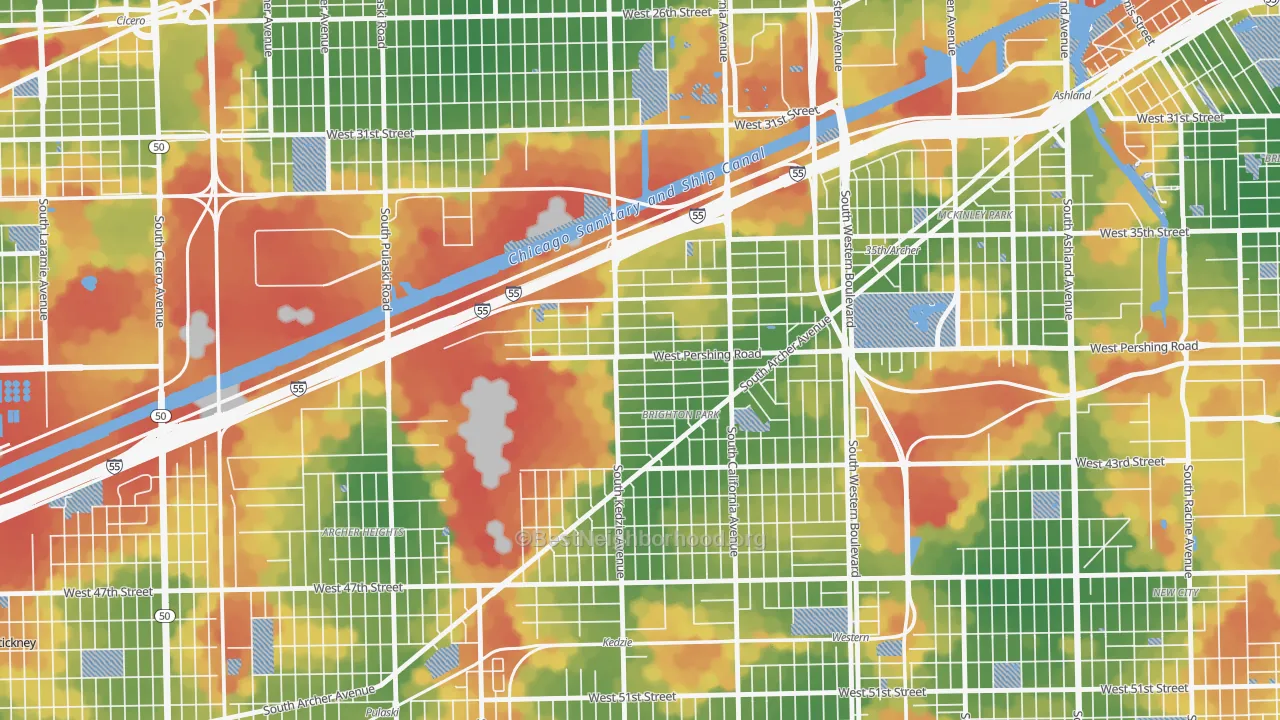 Walk Grade map of Corwith, Chicago, IL, walkable areas in green and car-dependent areas in red