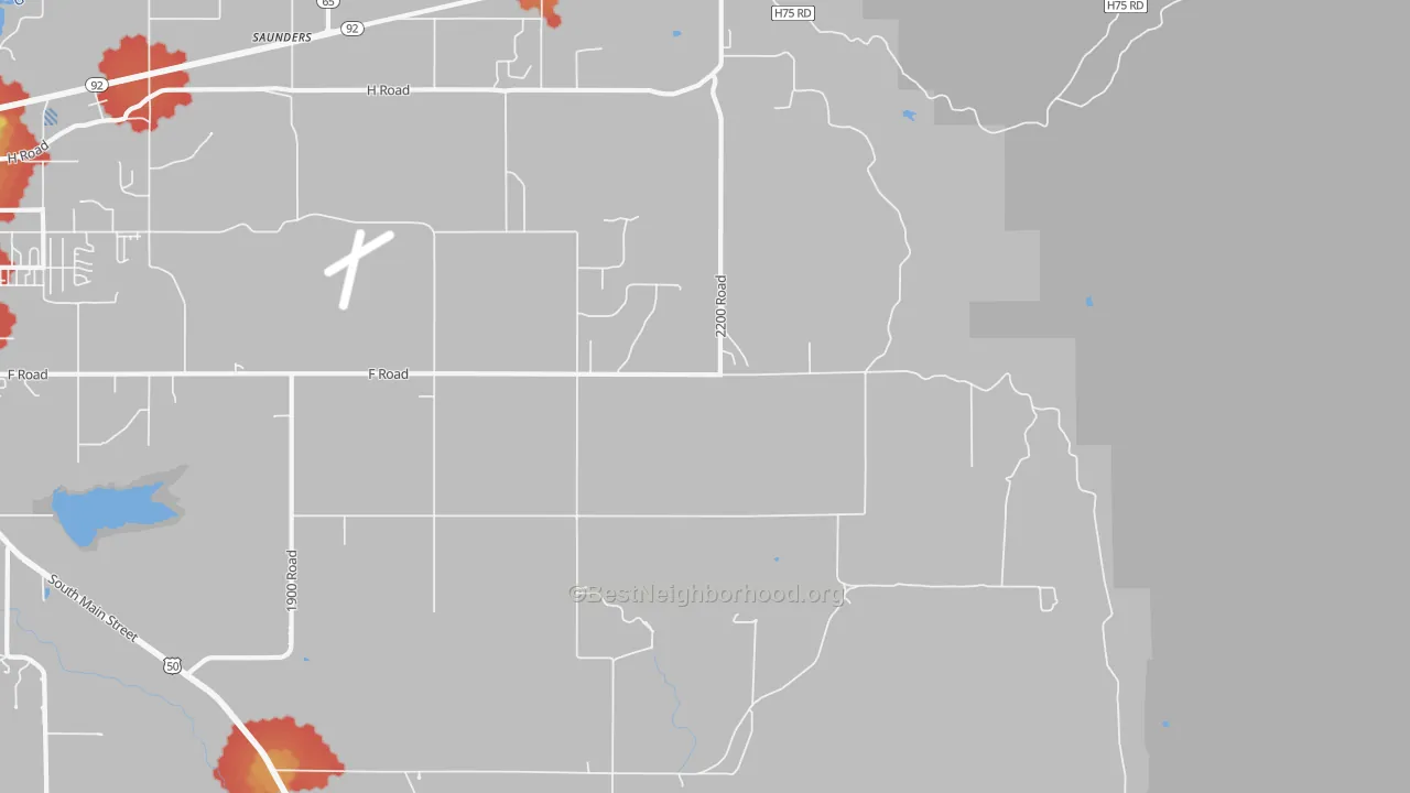 Walk Grade map of Cory, CO, walkable areas in green and car-dependent areas in red