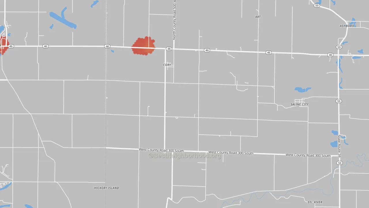 Walk Grade map of Cory, IN, walkable areas in green and car-dependent areas in red