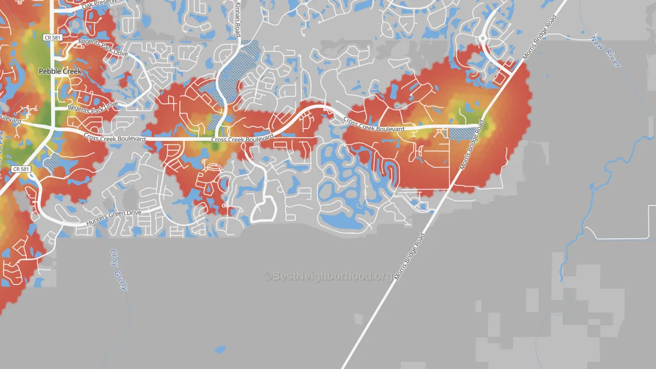 Walk Grade map of Cory Lake Isles, Tampa, FL, walkable areas in green and car-dependent areas in red