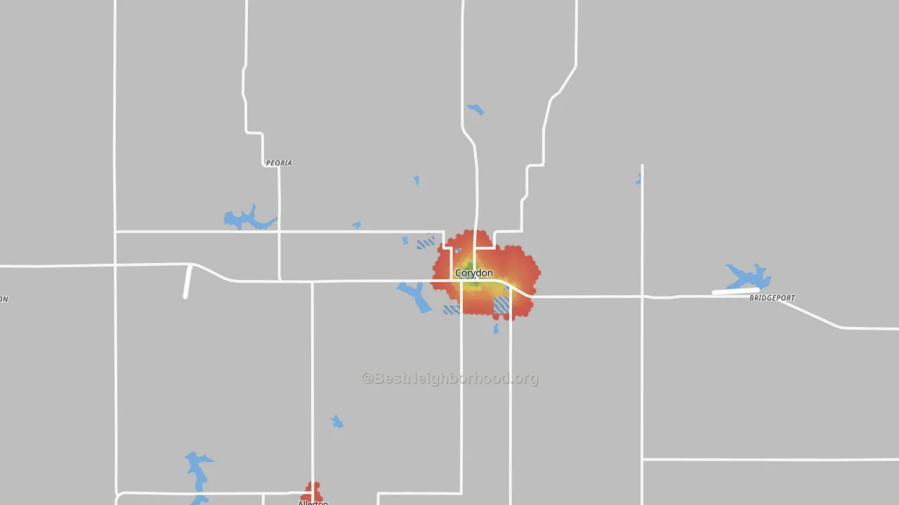 Walk Grade map of Corydon, IA, walkable areas in green and car-dependent areas in red